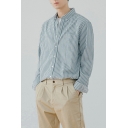 Chic Men's Shirt Stripe Pattern Front Pocket Long Sleeve Turn-down Collar Button up Relaxed Shirt Top