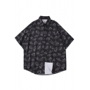 Trendy Shirt All over Rocket Pattern Button up Short Sleeve Point Collar Loose Shirt for Men