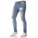 Men Fashionable Jeans Pure Color Shredded Zip Closure Stretch Denim Two-Pocket Styling Slim Jeans