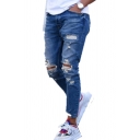 Street Look Jeans Distressed Ripped Ankle Length Mid-Rise Slim-Fit Jeans for Men