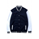 Cool Boys Jacket Patchwork Stripe Pattern Long-Sleeved Button Closure Fitted Baseball Jacket