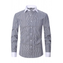Basic Men's Button Shirt Stripe Pattern Button up Long Sleeve Turn-down Slim Shirt