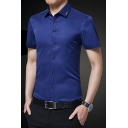 Men Dress Shirt Solid Color Lapel Collar Button-down Short Sleeve Slim Fitted Shirt