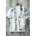 Stylish Mens Shirt Abstract Printed Short Sleeve Spread Collar Button Up Relaxed Shirt Top