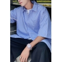 Urban Shirt Striped Printed Button Closure Turn-down Collar Pocket Detail Half Sleeves Loose Shirt for Men