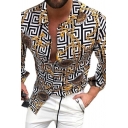 Men Urban Shirt Chain Print Button Detailed Long Sleeves Lapel Slim Shirt