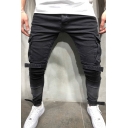 Cool Men's Jeans Mid-Rise Bleach Side Pockets Solid Color Slim Fitted Jeans