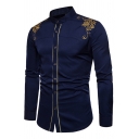 Mens Chic Shirt Embroidery Button-up Long-Sleeved Stand Collar Slim Shirt