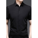 Mens Basic Shirt Silky Solid Color Button Closure Short-Sleeved Fitted Lapel Shirt