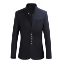 Elegant Blazer Solid Color Stand Collar Long Sleeve Single Breasted Fitted Blazer for Men