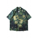 Men Stylish Shirt Oil Painting Pattern Chest Pocket Short Sleeve Spread Collar Button Up Loose Shirt Top in Green