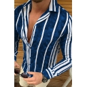 Men Popular Shirt Stripe Printed Long Sleeve Spread Collar Button Closure Slim Fitted Shirt Top