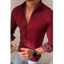 Chic Shirt Stripe Printed Long Sleeve Spread Collar Button-up Fitted Shirt for Men