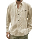 Casual Mens Shirt Solid Color Chest Pocket Long Sleeve Point Collar Button Up Linen Shirt Top