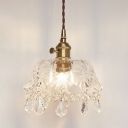 Vintage Hanging Light with Textured Glass Shade Single Light 8 Inchs Wide Pendant Lamp in Polished Brass with Teardrop Shaped Crystal
