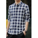 Simple Men's Shirt Plaid Printed Button-up Long Sleeve Turn Down Collar Regular Fit Shirt Top