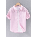 Simple Linen Shirt Solid Color Short Sleeve Turn-down Collar Regular Shirt for Men