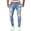 Street Style Jeans Solid Color Distressed Zip-Fly Stretch Denim Two-Pocket Styling Slim Jeans for Men