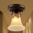 Bronze Metal Semi Flush Mount American Rustic Style Bell White Frosted Glass 1-Bulb Ceiling Light