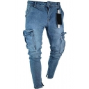Popular Mens Jeans Plain Light Wash Ripped Zipper Fly Flap Pockets Slim Fit Jeans