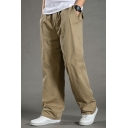 Men Classic Pants Pure Color Drawstring Mid-Rise Full Length Baggy Fit Cargo Pants for Men