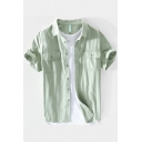 Men Leisure Shirt Plain Turn-down Collar Flap Pocket Button Closure Short-sleeved Regular Fit Shirt