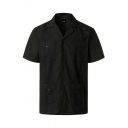 Men Leisure Shirt Solid Color Notch Collar Front Pocket Button Closure Short-sleeved Regular Shirt