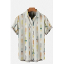 Leisure Beige Shirt Rocket All Over Printed Short Sleeve Spread Collar Button down Loose Shirt for Men