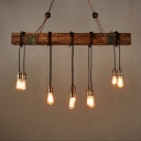Antique Wood Island Light Fixture Linear 10 Heads Rustic Pendant Lighting with Open Bulb Design