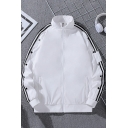 Sporty Jacket Stripe Print Button-Up Arm Stand Collar Long Sleeves Baggy Zip-up Baseball Jacket for Men
