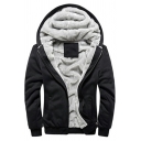 Men Casual Hoodie Pure Color Sherpa Lined Zipper Closure Long Sleeve Loose Fitted Hoodie