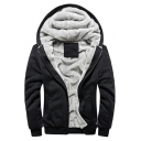 Men Casual Hoodie Pure Color Sherpa Lined Zipper Closure Long Sleeve Loose Fitted Hoodie