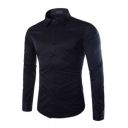 Simple Button-down Shirt Plain Point Collar Long Sleeves Fitted Shirt for Men