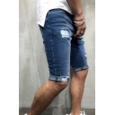 Soft Short Jeans Plain Bleach Distressed Rolled Edge Zip-Fly Slim Fitted Jeans for Men