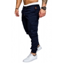 Sporty Guys Pants Solid Color Flap Pockets Drawstring Waist Ankle Length Fitted Track Pants