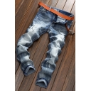 Casual Jeans Ripped Bleach Mid-Rise Zip-Fly Full Length Slim-Fit Jeans for Men
