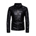 Mens Simple Leather Jacket Solid Color Pocket Detail Long Sleeve Stand Collar Fitted Zip-up Leather Jacket