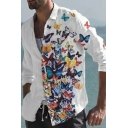 Unique Mens Shirt Butterflies Printed Long Sleeve Turn Down Collar Button-up Relaxed Shirt