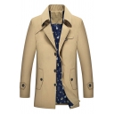 Mens Urban Trench Coat Pure Color Button-Up Pocket Detail Notched Collar Long-Sleeved Regular Trench Coat