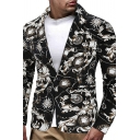 Mens Unique Suit Jacket Floral Printed Lapel Collar Long Sleeve Single Button Slim Fitted Blazer Suit Jacket