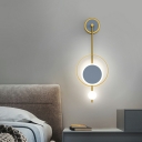 Brass Ring Bedside Wall Lamp Fixture White Glass Postmodern LED Wall Sconce with Long Arm in 3 Colors Light