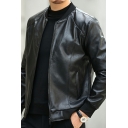 Trendy Leather Jacket Plain Long Sleeves Stand Collar Zipper Detailed Slim Jacket for Men