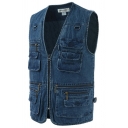 Casual Vest Pure Color Sleeveless Chest Pockets Zip-Fly Regular Fit Cargo Vest for Men