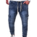 Fashionable Mens Jeans Mid-Rise Denim Drawstring Washed Wrinkled Pockets Detail Skinny Jeans