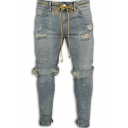 Trendy Mens Jeans Dark Wash Splatter Print Ripped Zipper Fly Broken Hole Long Slim Fitted Jeans
