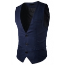 Retro Guys Suit Vest Pocket Decorated Single Breasted V Neck Solid Color Slim Fit Suit Vest