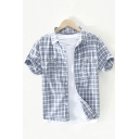 Guys Stylish Shirt Plaid Pattern Chest Pockets Short Sleeve Spread Collar Button Closure Fitted Shirt