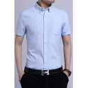 Men Simple Shirt Plain Button-down Collar Chest Pocket Button Closure Short Sleeves Regular Fit Shirt