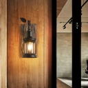 Industrial Wooden Siding Sconce Light Branch Arm Indoor Decoration Wall Lighting with Suspended Guard in Black