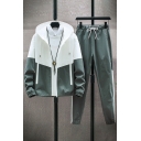 Men Athletic Set Zip Closure Color Block Long Sleeve Hoodie Relaxed Fit Drawstring Two Piece Set
